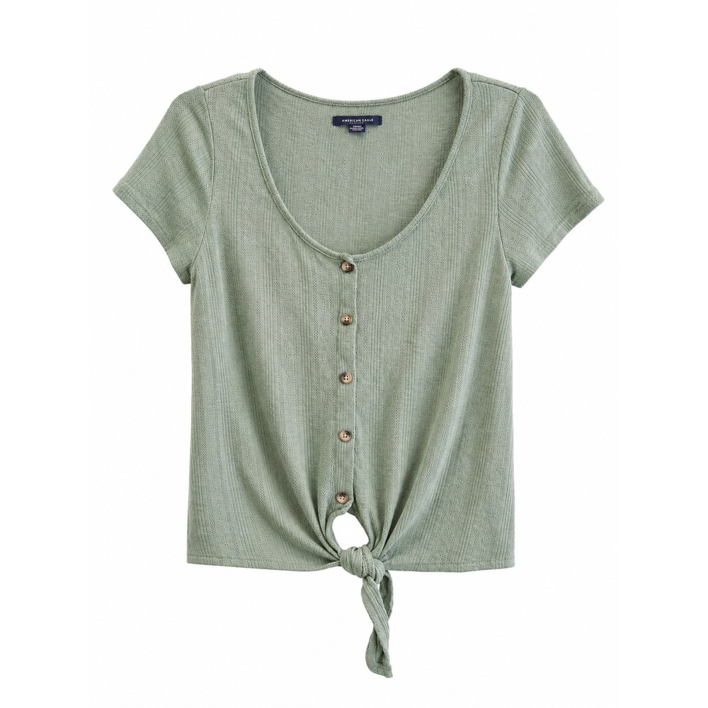 American Eagle Sage Green Ribbed Tie Front Button Top Women's Size Small Tee